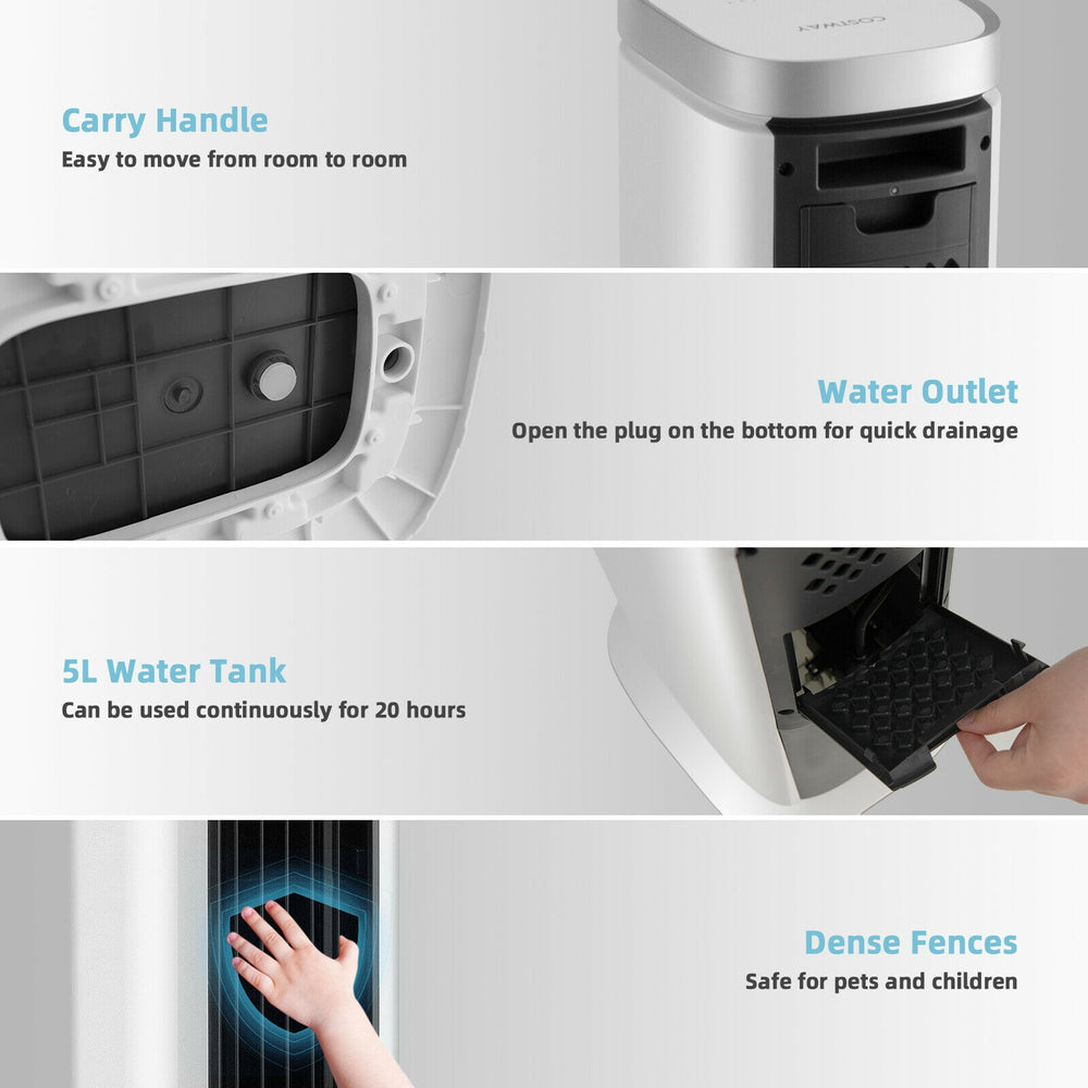 Close-up of the 3-in-1 portable evaporative air cooler's water outlet, featuring a 5L tank for easy drainage and use.