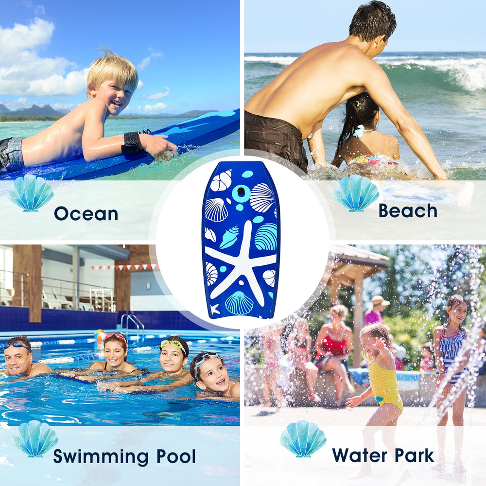 41-inch lightweight bodyboard with crescent tail, made of EPS core and XPE deck, perfect for ocean and pool fun.