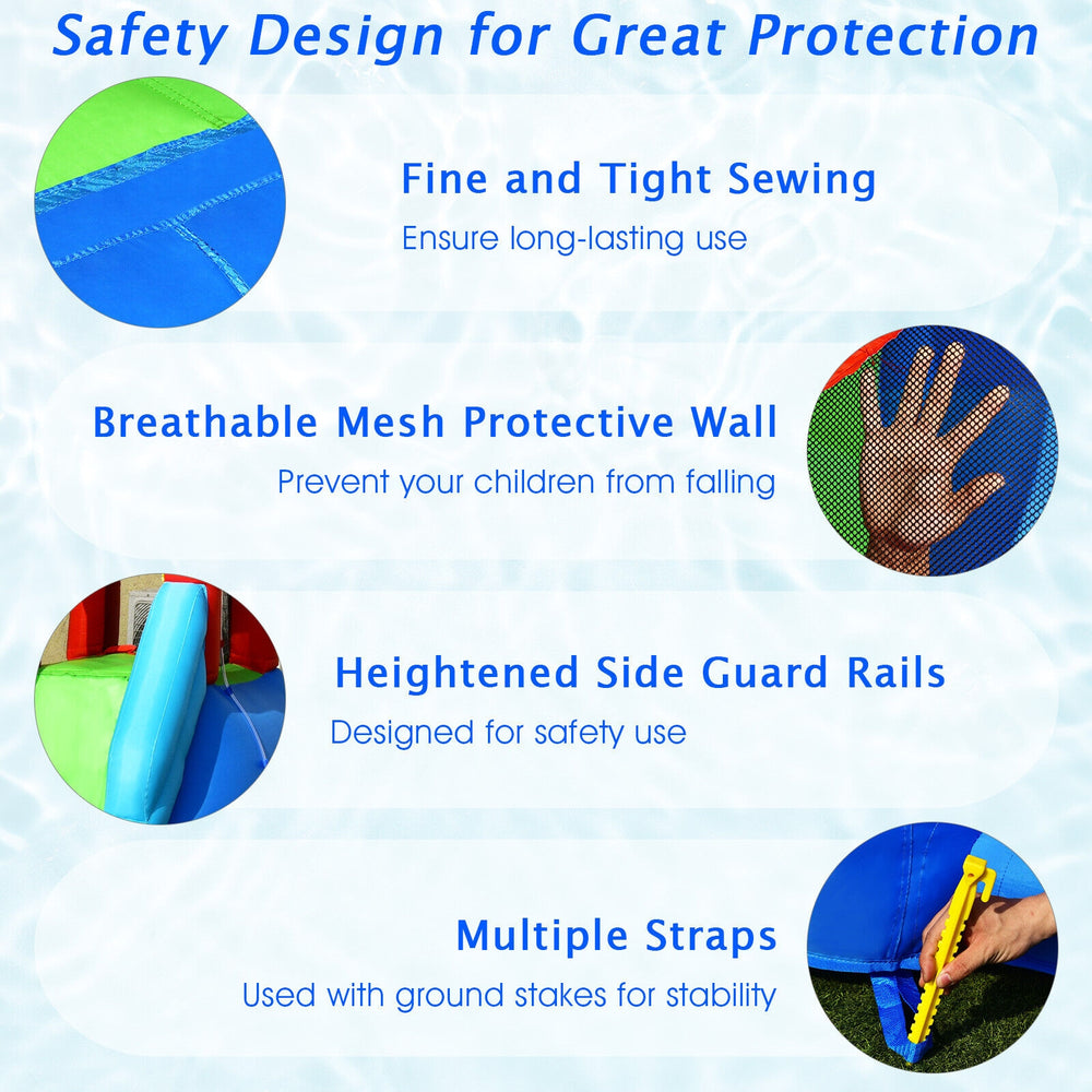 Breathable mesh protective wall of the 9-in-1 inflatable kids water slide bounce house for safety and fun.