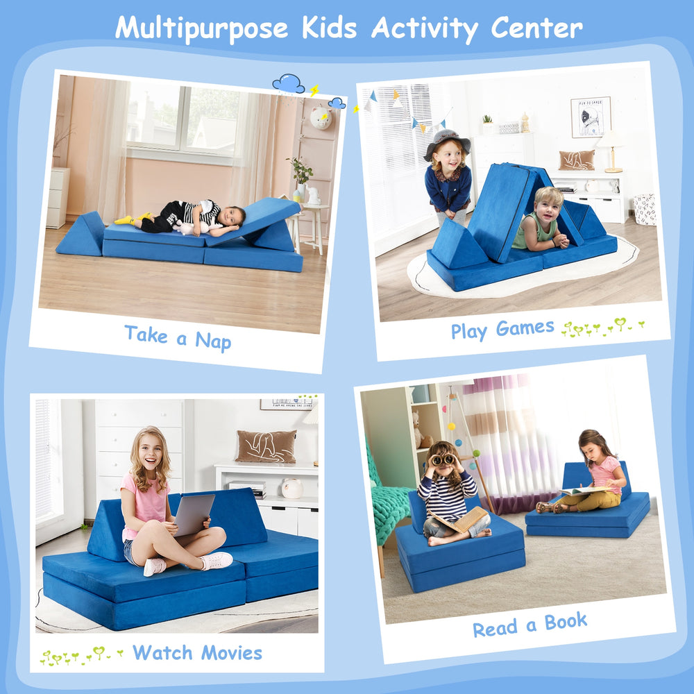 Convertible 4-piece kids couch set in blue, featuring folding mats and pillows for imaginative play and comfort.