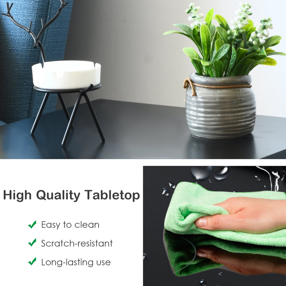 3-tier black nightstand with round corners, waterproof MDF, easy to clean, perfect for living room or bedroom storage.