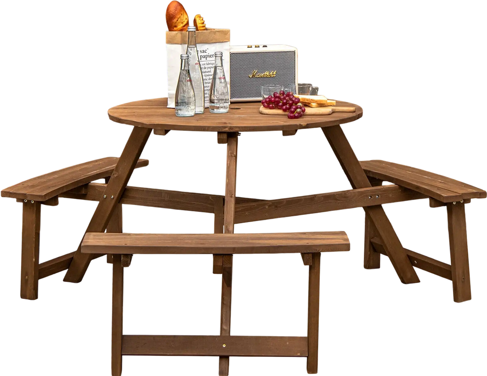 Dark brown 6-person round wooden picnic table with built-in benches, ideal for family gatherings in gardens or patios.