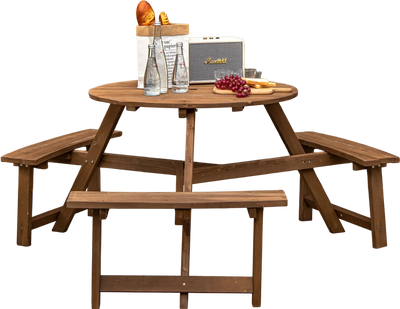 Costway 6-Person Round Wooden Picnic Table w/ Umbrella Hole & 3 Built-In Benches Dark Brown 41895270 New