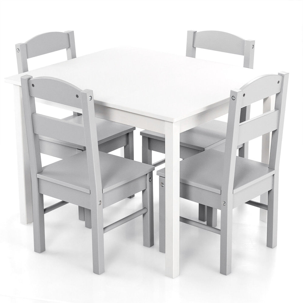 Kids 5-piece table and chair set in white and gray, perfect for playrooms, featuring sturdy wooden construction and.