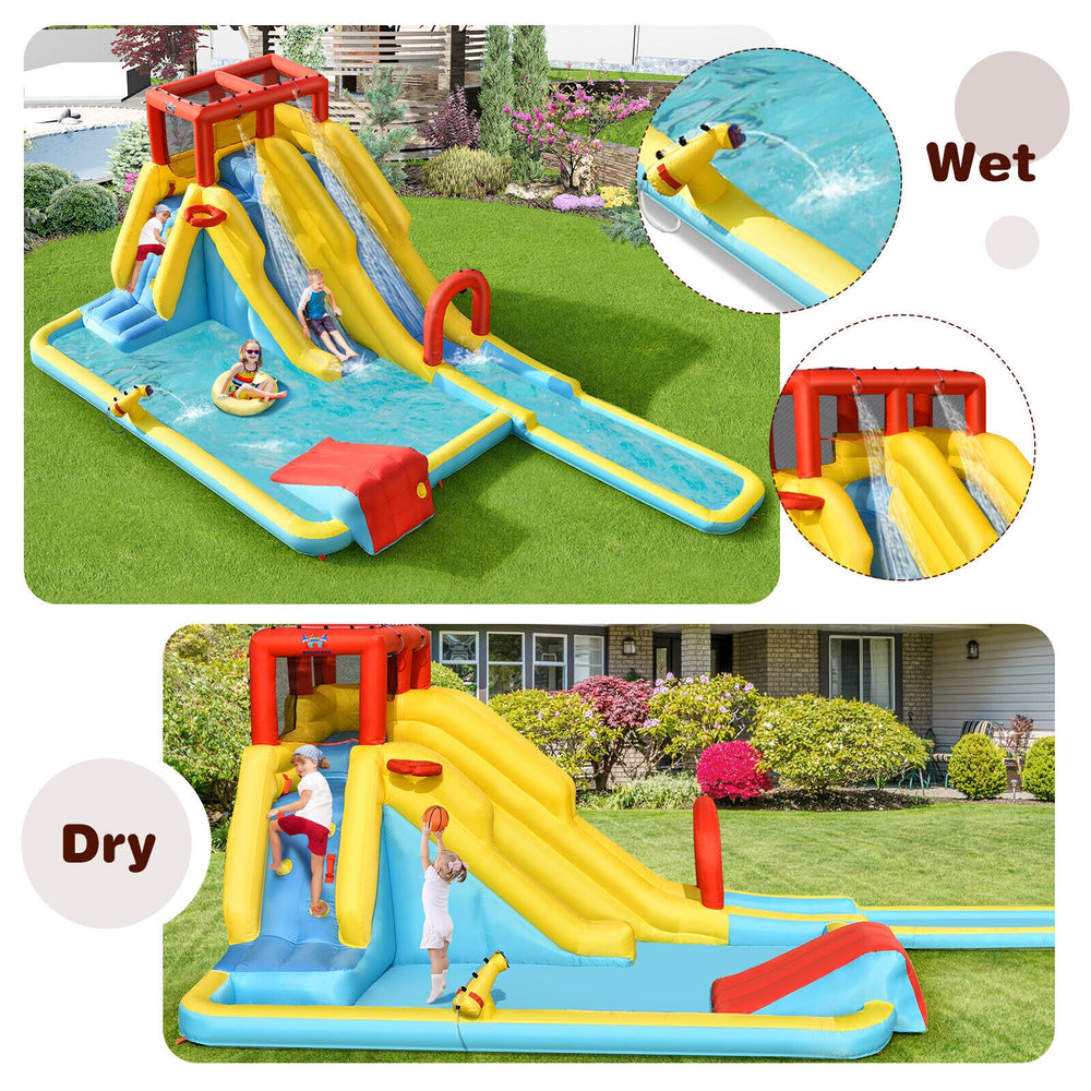 Inflatable Dual Slide Water Park with climbing wall, slides, and pool for outdoor fun, made from durable Oxford cloth.