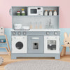 Wooden pretend play kitchen set for kids with realistic light and sound, featuring a sink, oven, and stylish design.