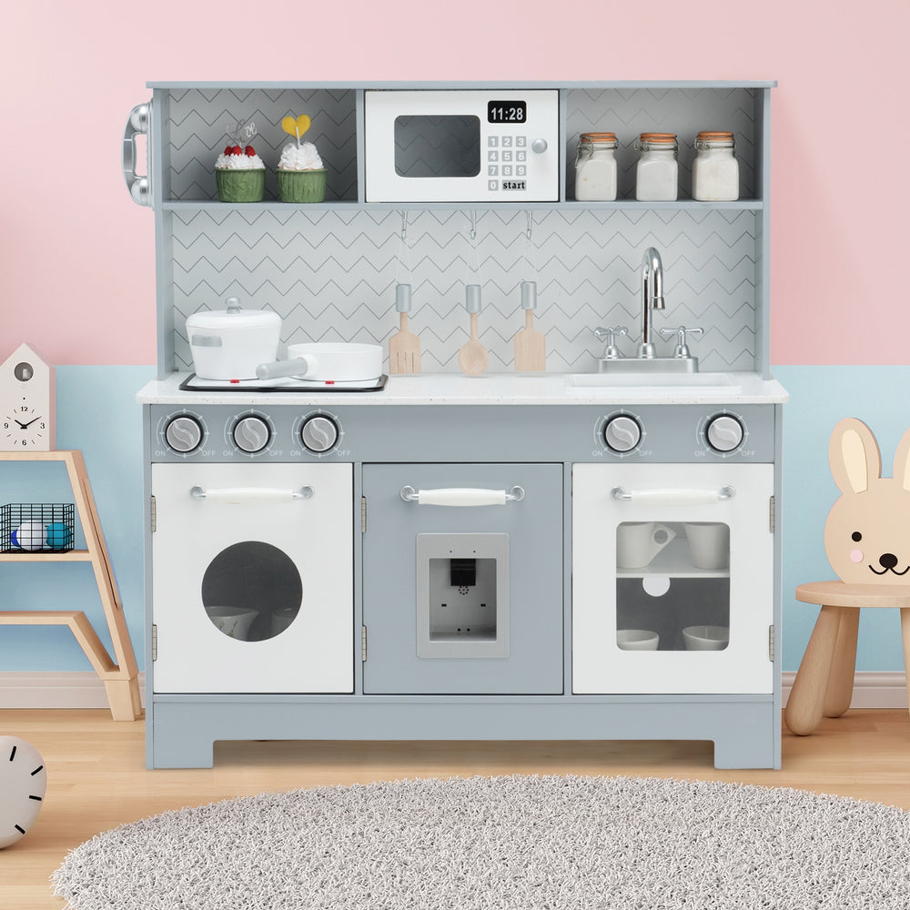 Wooden pretend play kitchen set for kids with realistic light and sound, featuring a sink, oven, and stylish design.