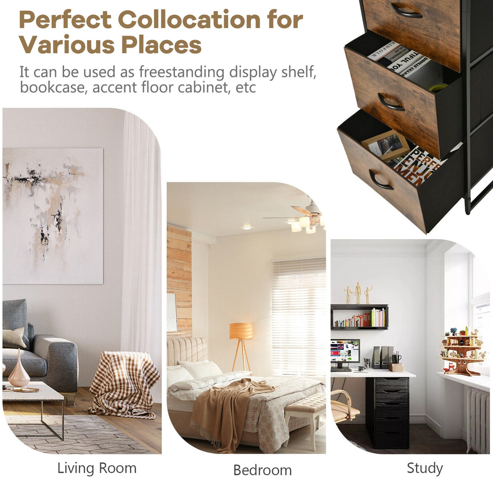 Freestanding vertical 3-drawer dresser in rustic brown with 3 shelves, ideal for living room, bedroom, or study storage.