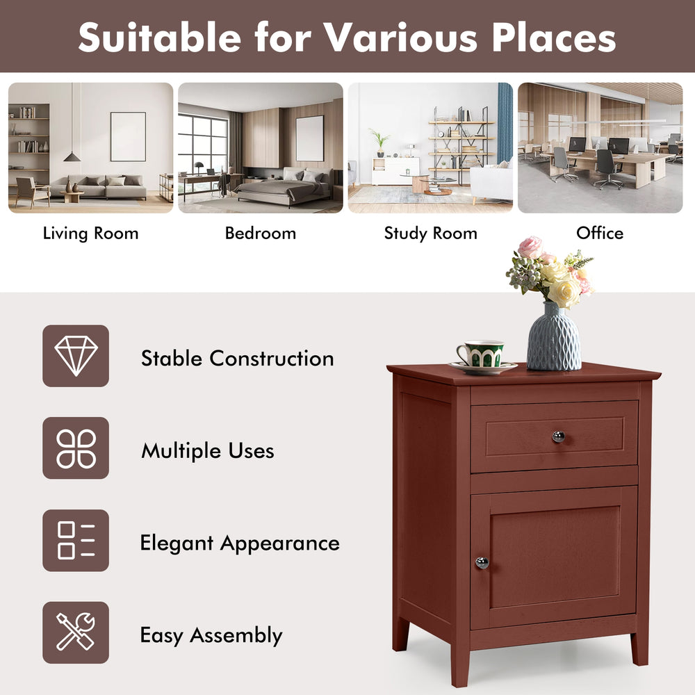 2-tier accent table in cherry with spacious tabletop, drawer, and cabinet for stylish bedside or living room storage.