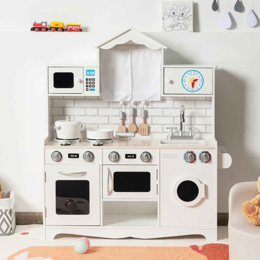 Wooden kids kitchen playset featuring a washing machine, oven, and microwave, designed for imaginative play and.
