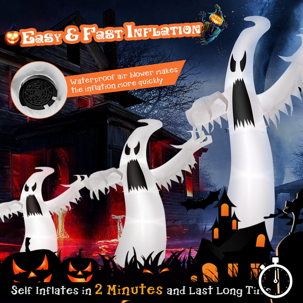 12 feet inflatable Halloween ghost with LED lights, made of durable polyester, perfect for outdoor spooky decorations.