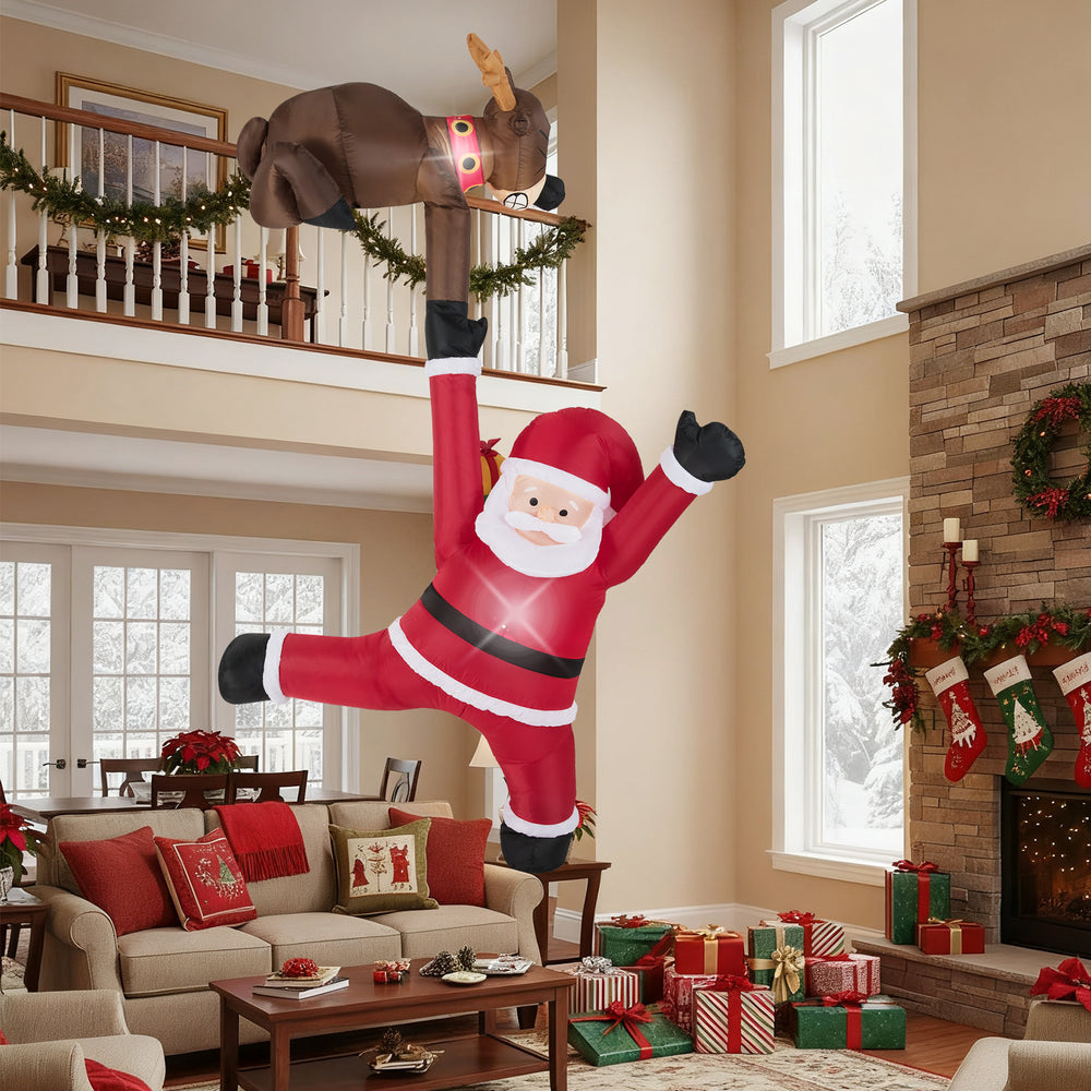 8.5 feet inflatable Santa Claus climbing with reindeer, featuring LED lights, perfect for festive indoor or outdoor.