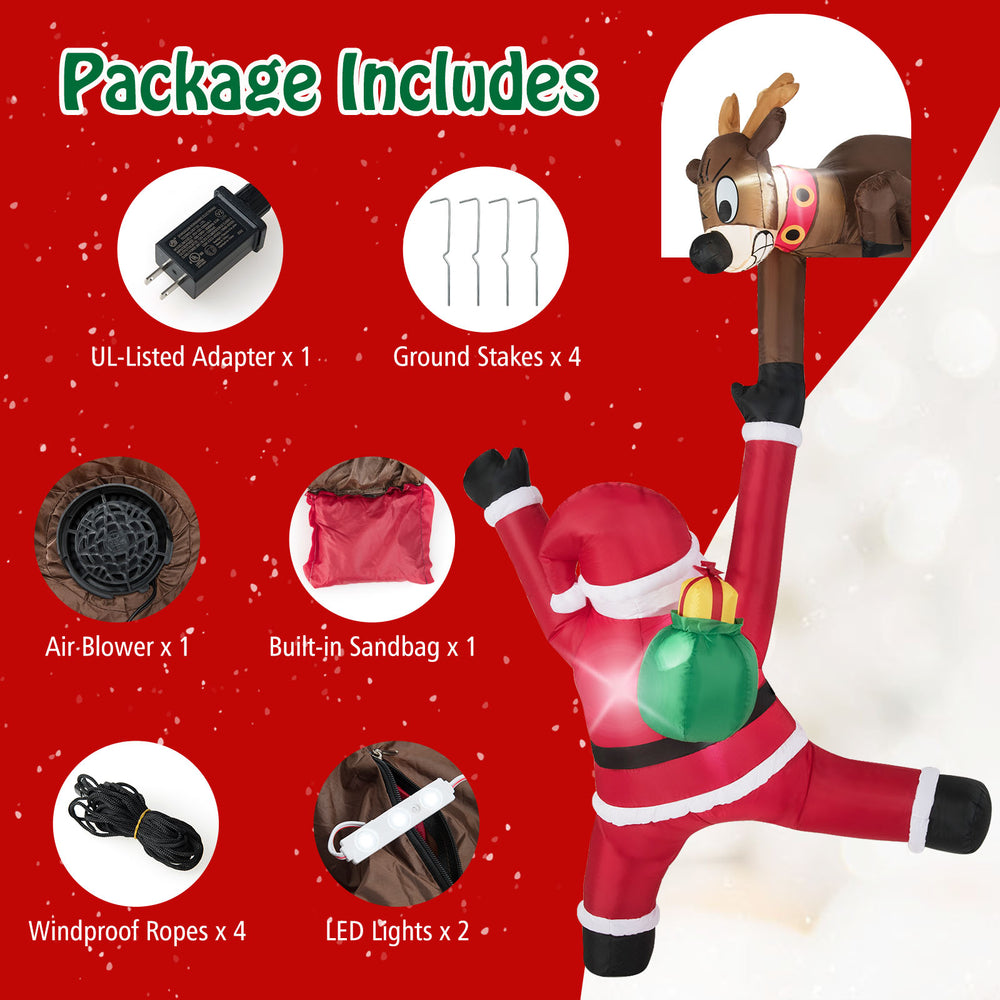 8.5 feet inflatable Santa Claus climbing with reindeer, featuring LED lights and weather-resistant fabric for festive.