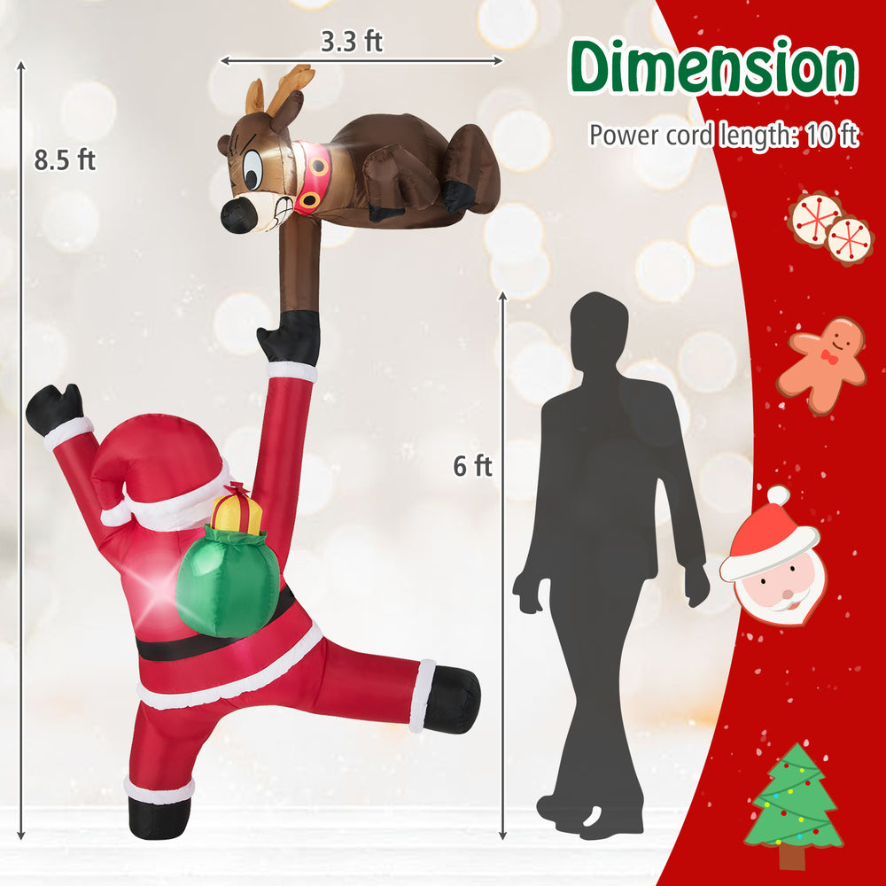 Climbing Santa Claus and reindeer inflatable, 8.5 feet tall, with LED lights for festive indoor or outdoor display.