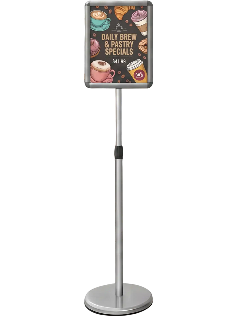 Adjustable 8.5 x 11 inch sign holder stand with a silver aluminum frame, perfect for displaying menus and ads in high-traffic areas.