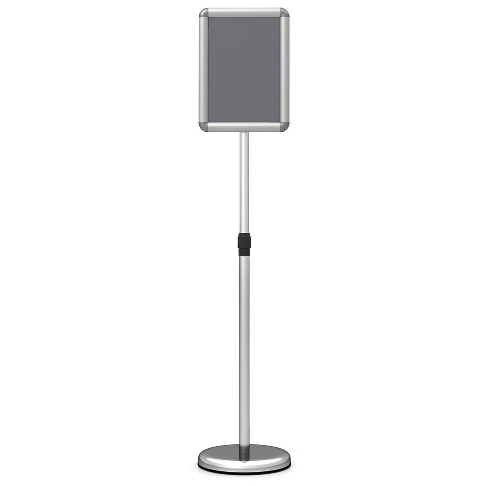 Adjustable 8.5 x 11 inch sign holder stand with snap-open frame, 360° rotation, and heavy-duty base for stability.