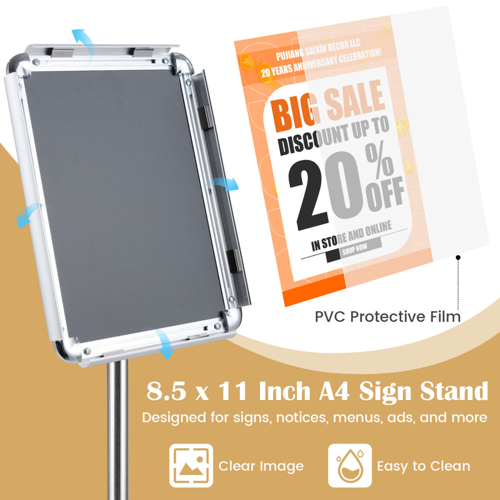8.5 x 11 inch A4 sign holder stand with snap-open frame, 360° rotation, and PVC protective film for easy display and cleaning.
