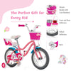 Kids bicycle with training wheels and woven basket, designed for ages 3-9, perfect for outdoor adventures.
