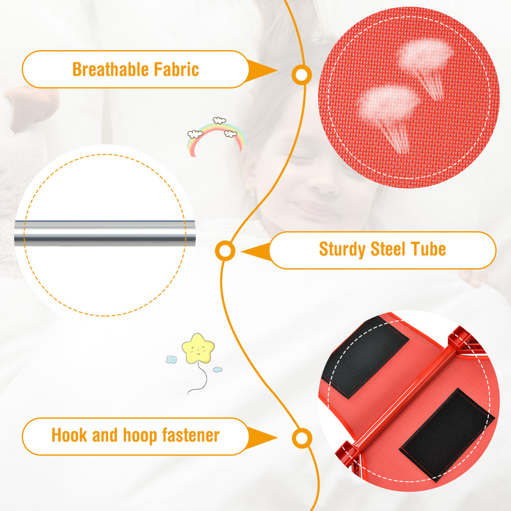Colorful kids stackable naptime cot features breathable fabric, sturdy steel tube, and hook fastener for easy use.