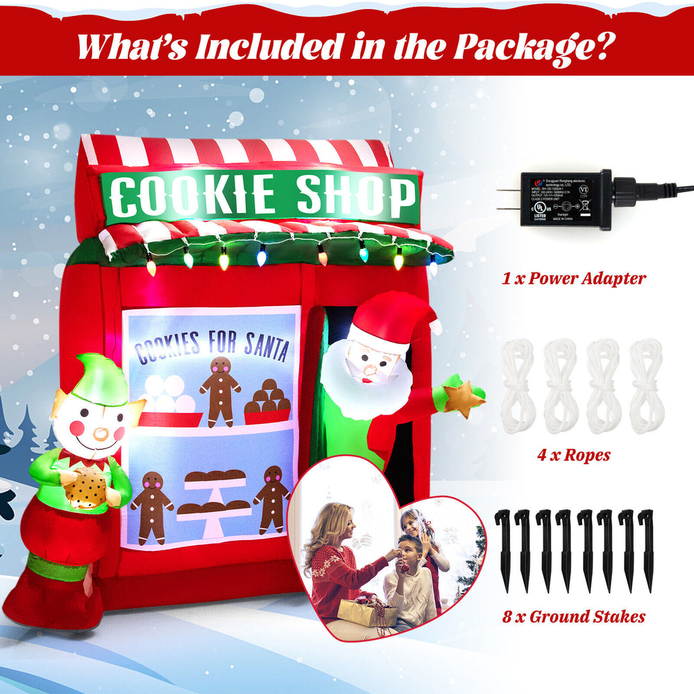Inflatable 6.3 feet gingerbread cookie shop with Santa, featuring colorful lights and a strong fan for easy setup.