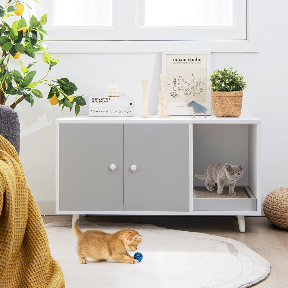 Cat Litter Box Enclosure with Divider and Double Doors-Gray - Gallery View 1 of 10