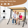 Front view of the 3-seat outdoor porch swing, highlighting the spacious seating area and adjustable canopy for sun.