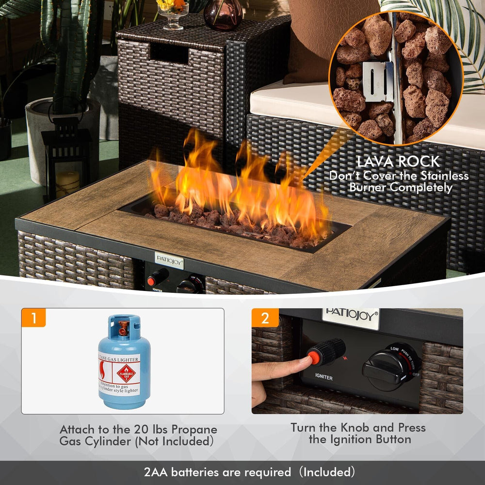 32 x 20 inch brown propane rattan fire pit table with lava rock, ideal for outdoor gatherings and warmth.