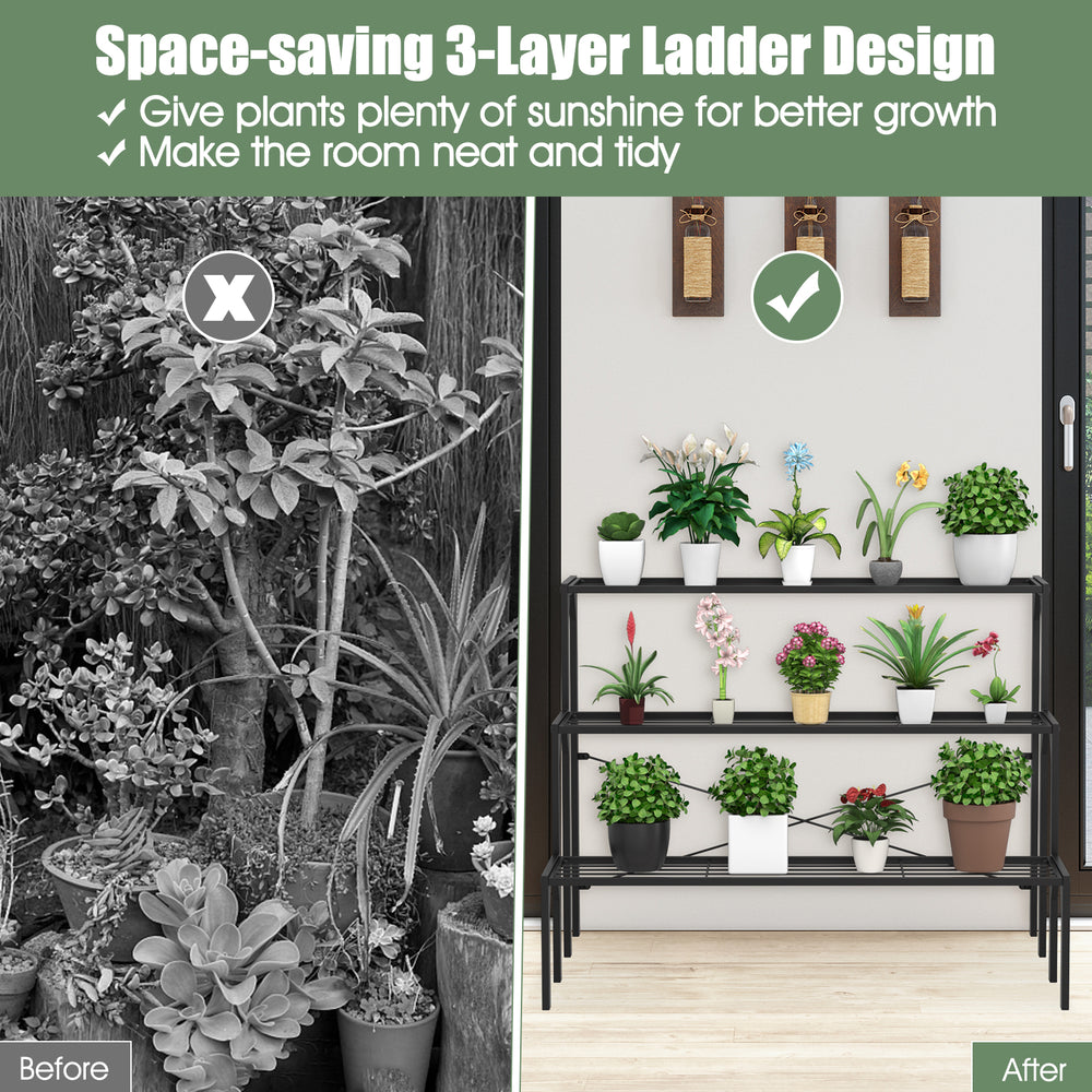 Outdoor 3-tier metal plant stand showcasing a heavy-duty rack, ideal for organizing potted plants and decor.