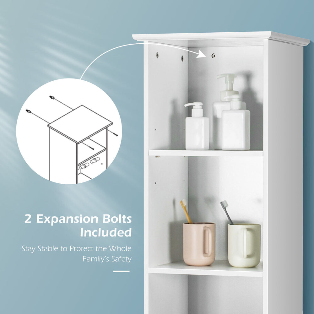 Tall white storage cabinet with open shelves and drawer, featuring adjustable shelves and included expansion bolts for.