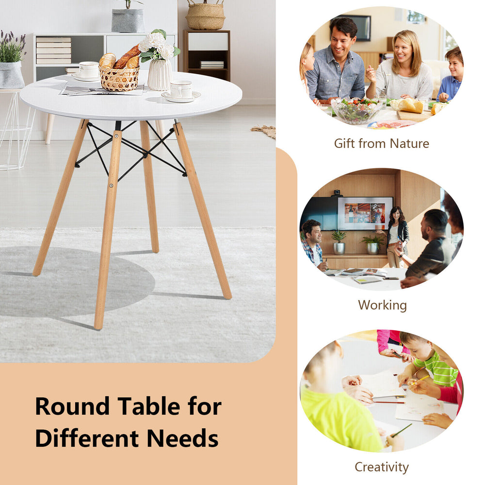 Round modern dining table with solid beech wood legs, 31.5 inches, ideal for dining, working, or creative activities.