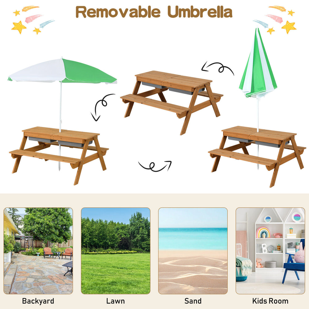 Kids outdoor picnic table with removable green umbrella, featuring water and sand play boxes for backyard fun.