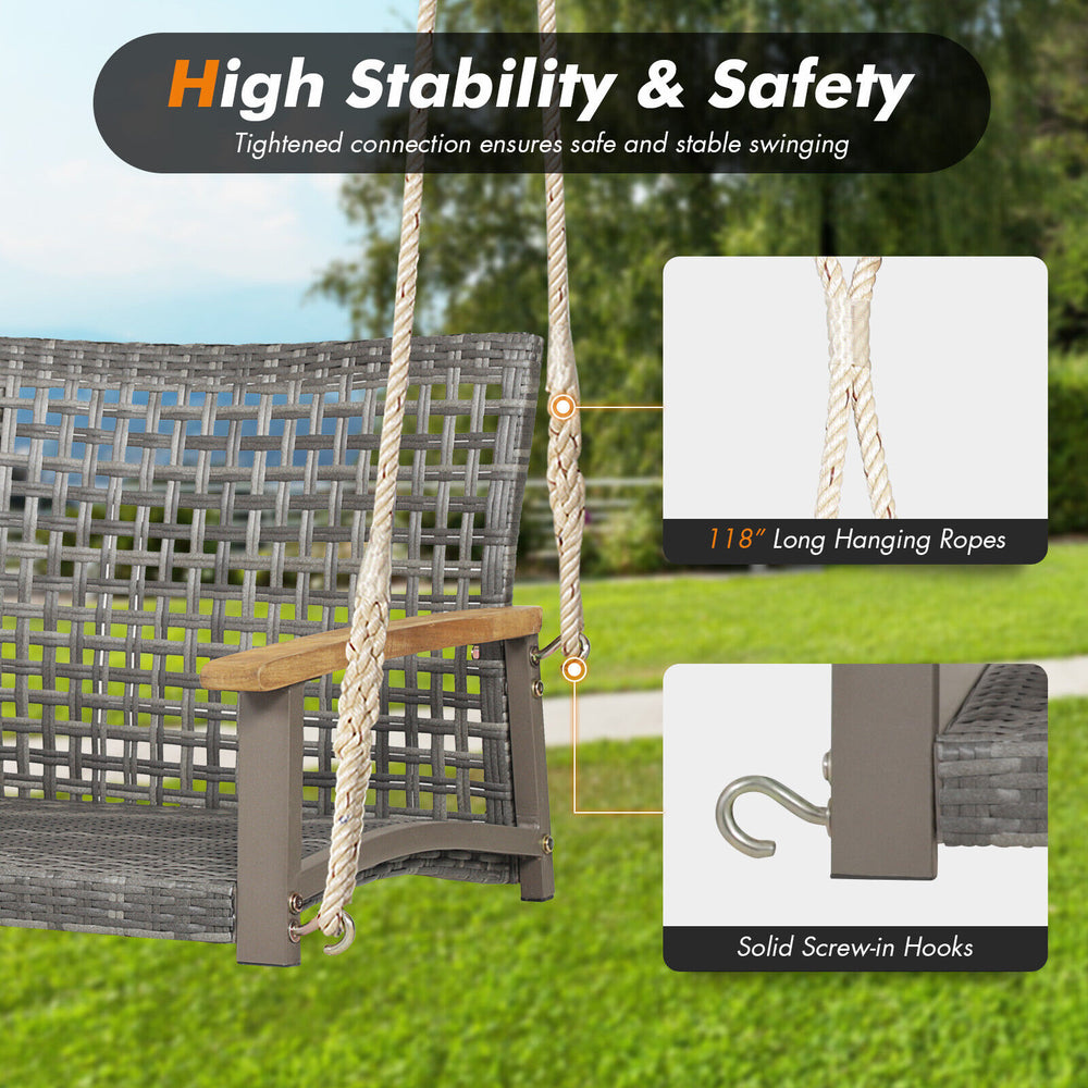 Close-up of the 2-person patio wicker hanging swing chair with 118" ropes and solid hooks for safe swinging.