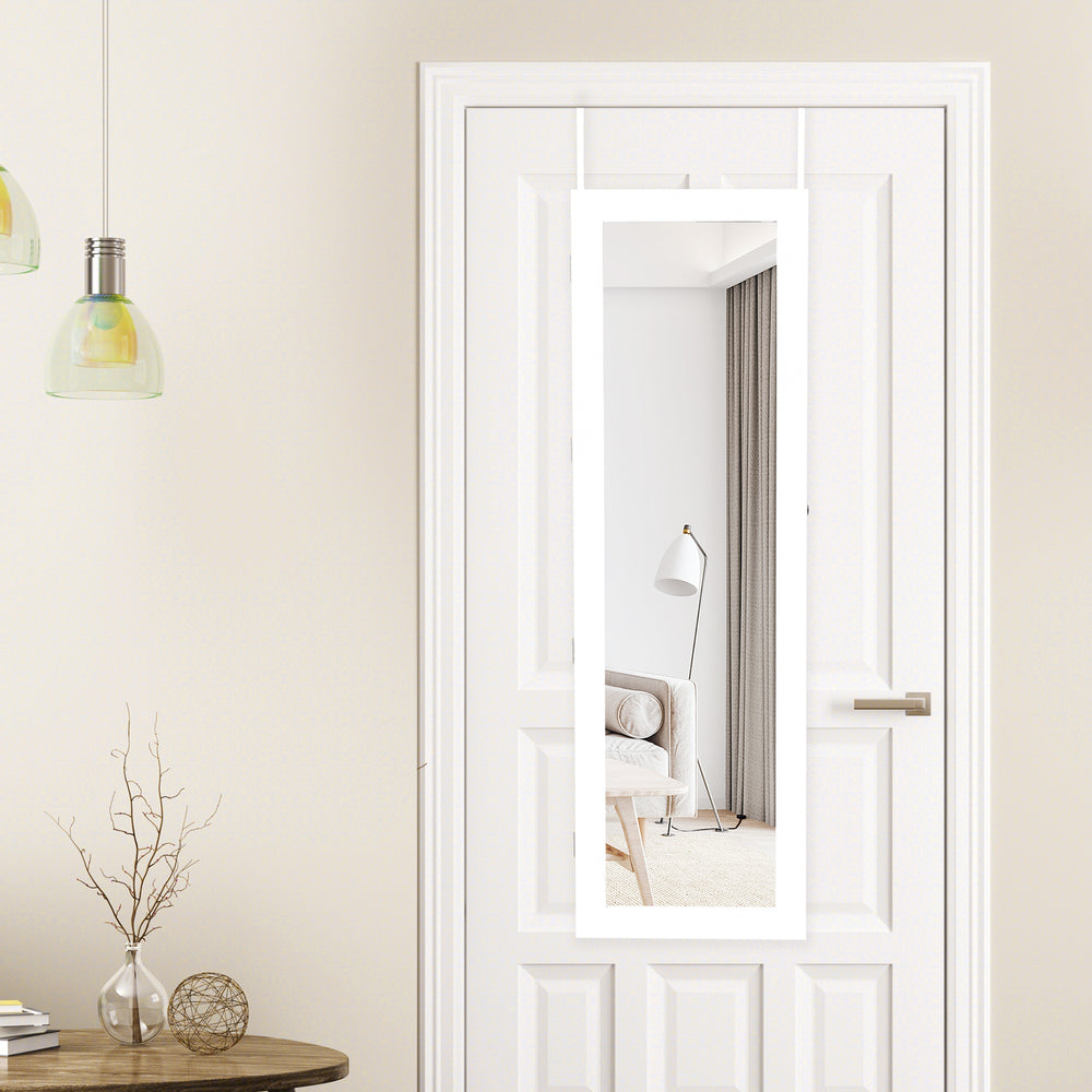 Lockable Wall Door Mounted Mirror Jewelry Cabinet w/LED Lights-White - Gallery View 1 of 9