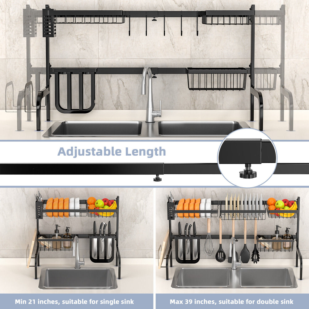 2 Tier adjustable over sink dish drying rack with 4 baskets, 8 hooks, and anti-rust steel for single or double sinks.
