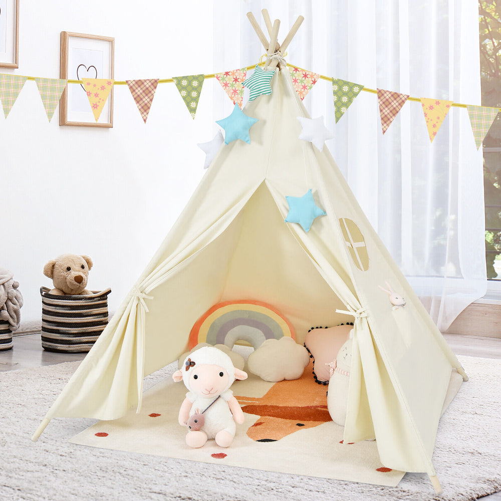 Foldable kids canvas teepee play tent in soft yellow with pine wood poles, perfect for indoor and outdoor play.