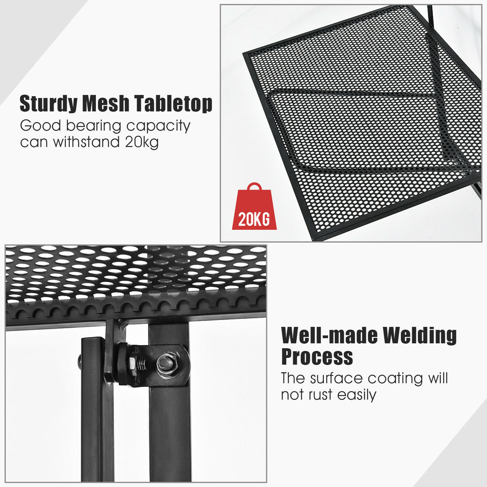Sturdy mesh tabletop of the railing folding table, adjustable height, and rust-resistant iron for versatile outdoor use.