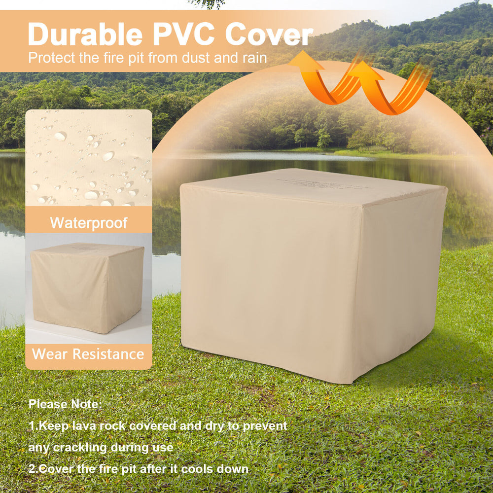 Square propane fire pit table with PVC cover, waterproof and wear-resistant, ideal for outdoor patio use.