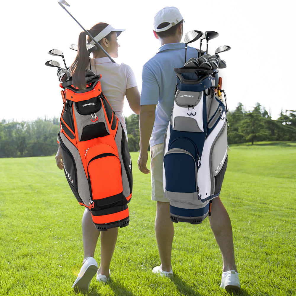Golf stand bag in orange with 14-way dividers and 7 zippered pockets, ideal for easy carrying on the course.