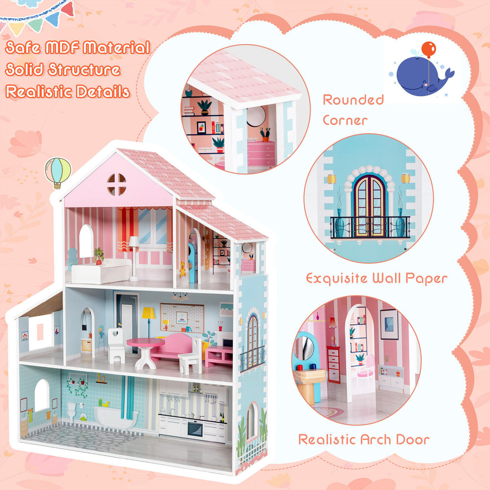 3-tier toddler dollhouse with colorful wallpaper, 6 rooms, and 8 furniture pieces for imaginative play and safety.