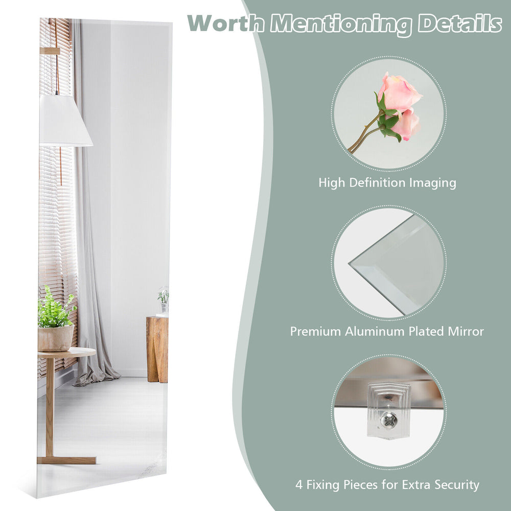 Frameless full-length mirror, 43 x 15 inches, aluminum plated for clear imaging, ideal for any home decor.