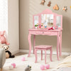 Kids pink makeup vanity table set with tri-folding mirror and stool, perfect for organizing cosmetics and playtime.
