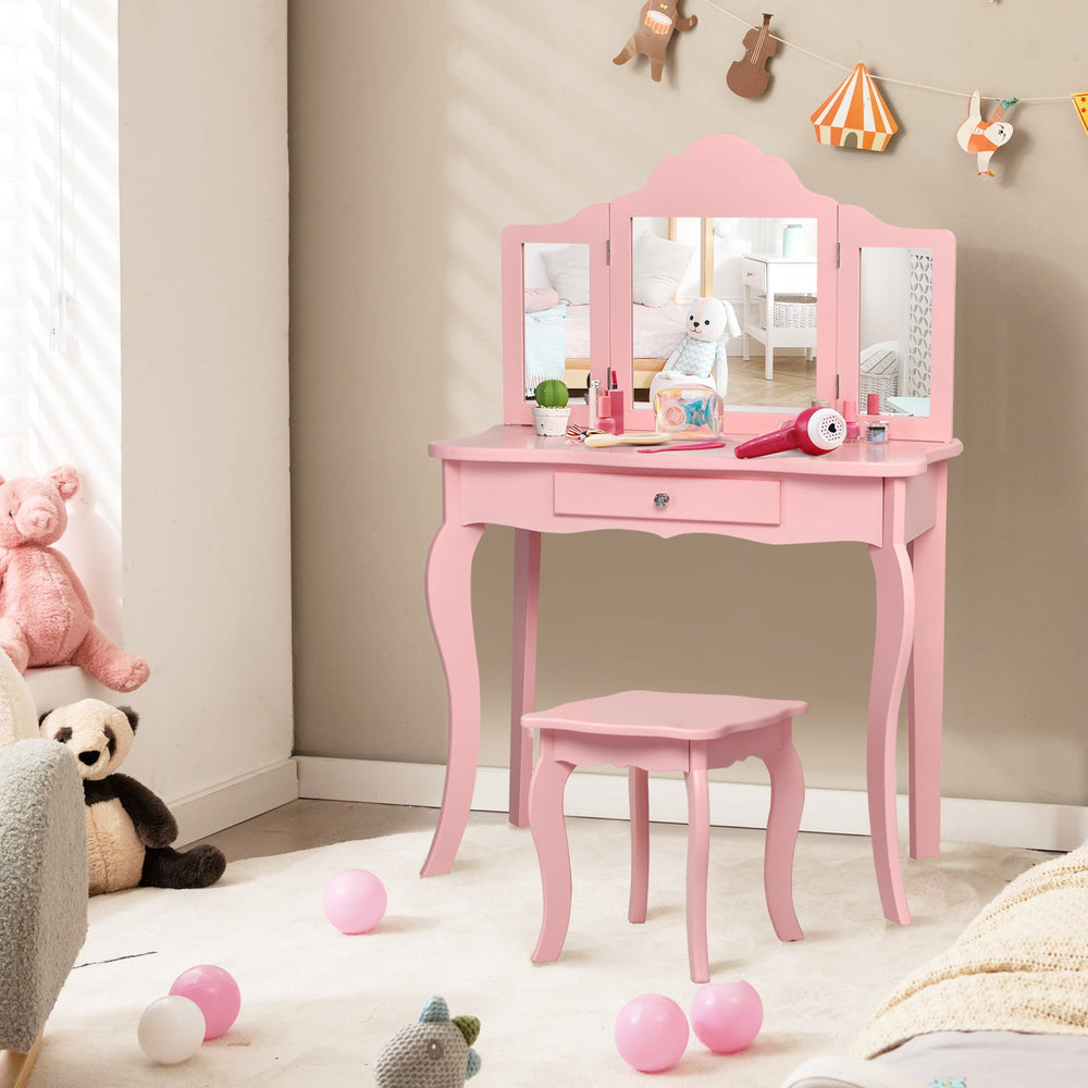 Kids Makeup Dressing Mirror Vanity Table Stool Set-Pink - Gallery View 1 of 11