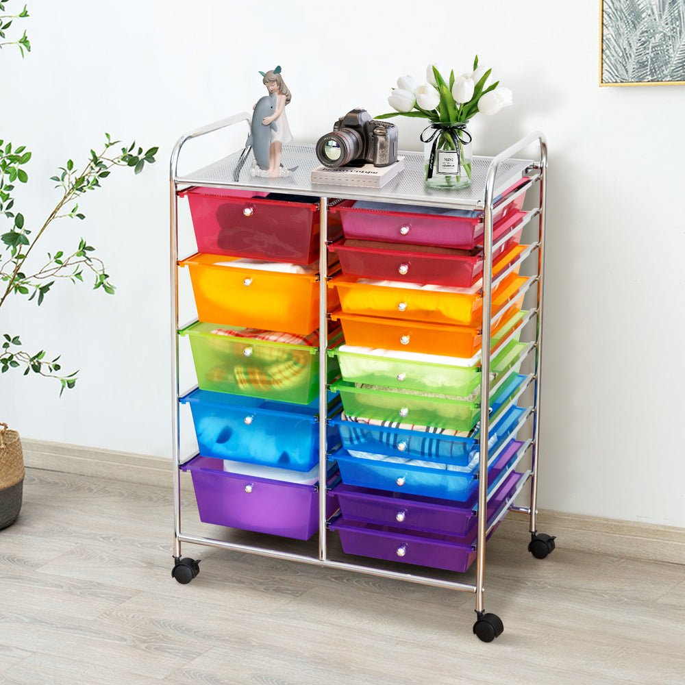 15-drawer rolling storage cart organizer with colorful plastic drawers and metal frame, ideal for home or office use.