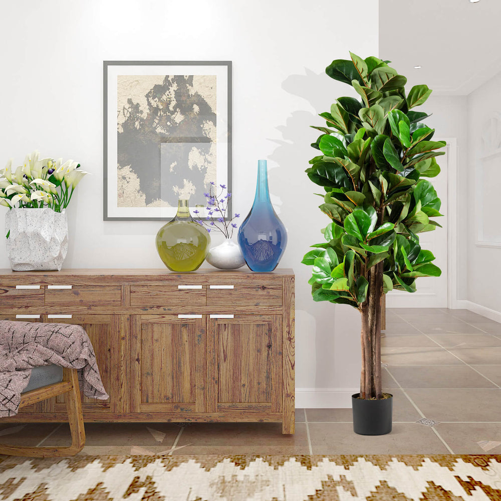 5 feet artificial fiddle leaf fig tree in a decorative planter, featuring realistic leaves and trunks for indoor decor.