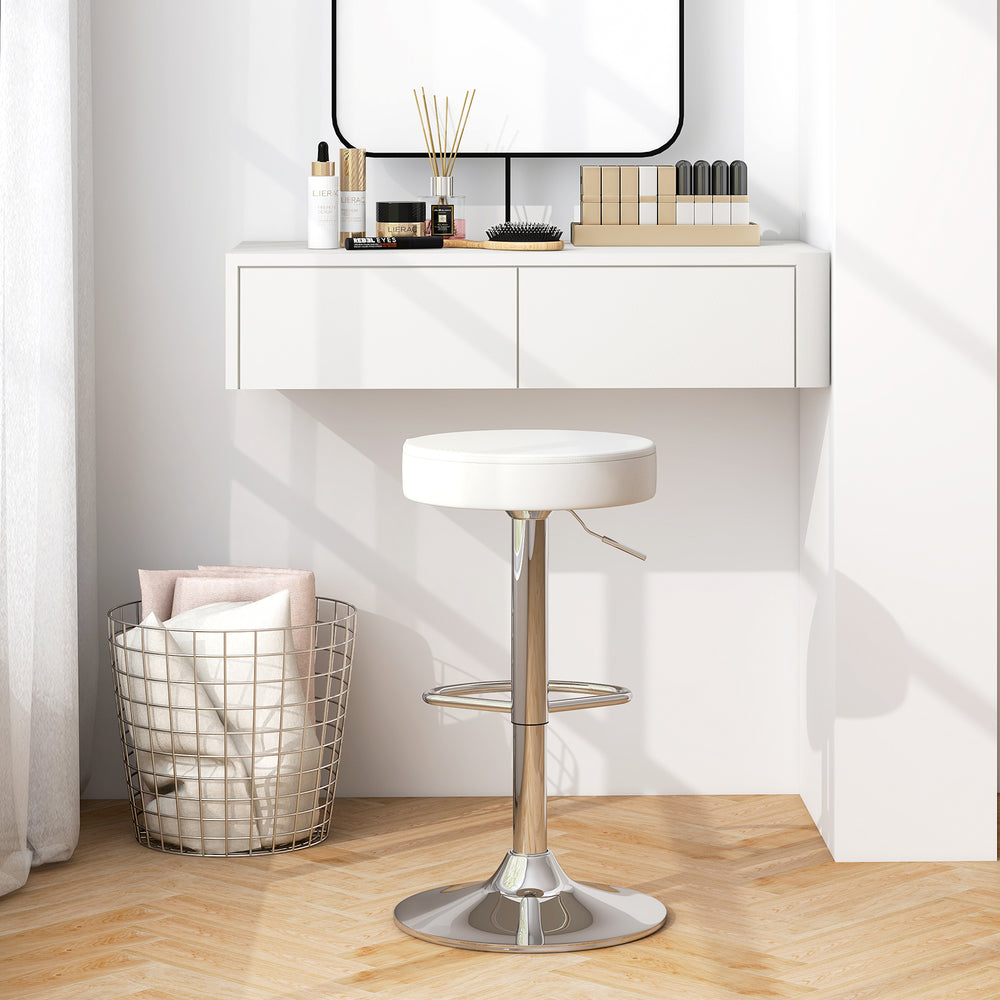 White adjustable round PU leather swivel barstool with chrome footrest, ideal for bar or extra seating.