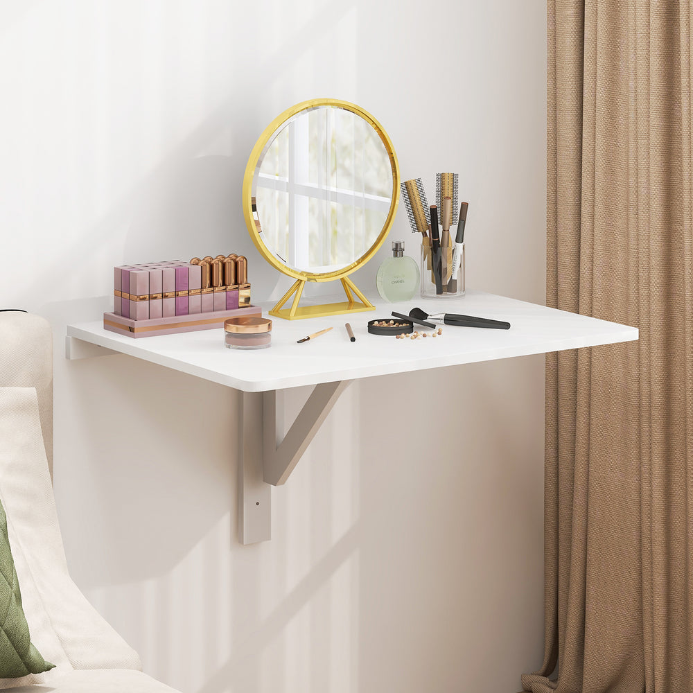 Wall-mounted folding table in sleek white finish, ideal for small spaces, perfect as a dining or computer table.