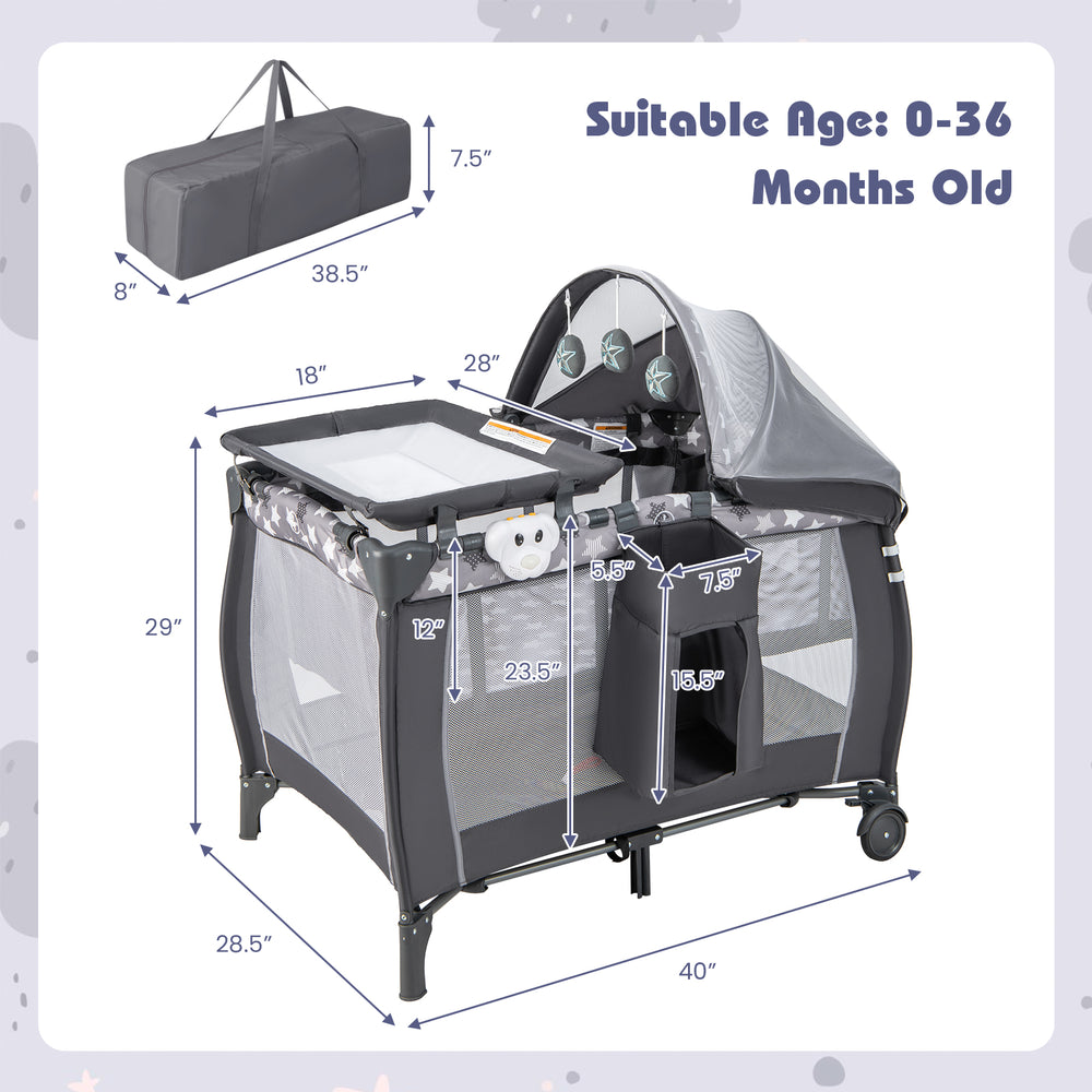 Portable baby nursery center in gray, featuring a changing table, canopy, and breathable mesh for infants up to 36.
