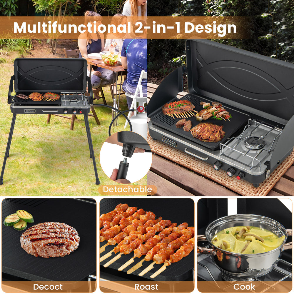2-in-1 gas camping grill and stove with detachable legs, featuring a non-stick grill pan and wind-block design for.