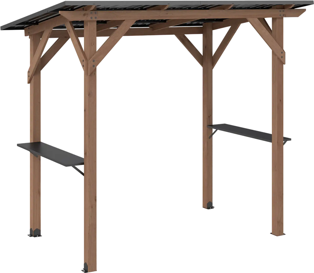 Cedar wood BBQ gazebo with a sloped metal roof and two side serving shelves for outdoor cooking and gatherings.