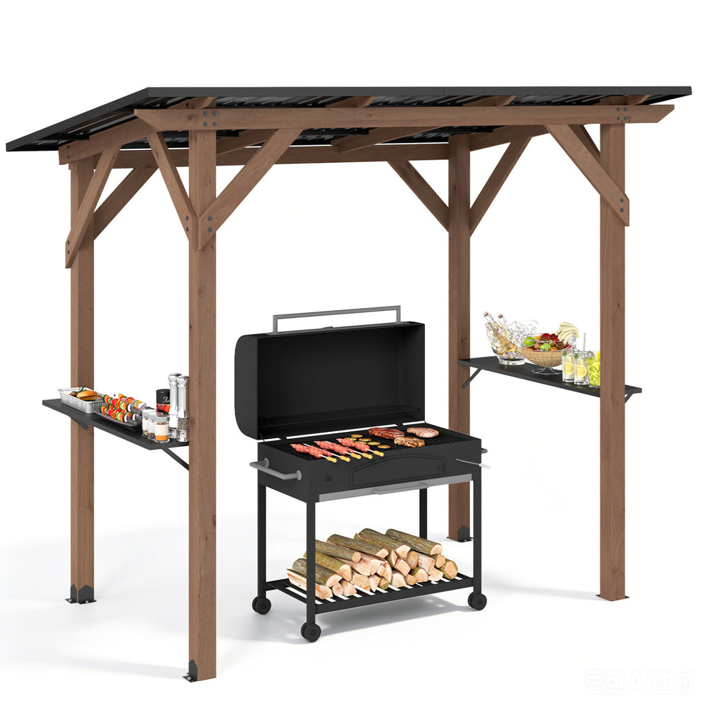 Cedar wood BBQ gazebo features a spacious design with a sloped metal roof, perfect for outdoor cooking and entertainment.